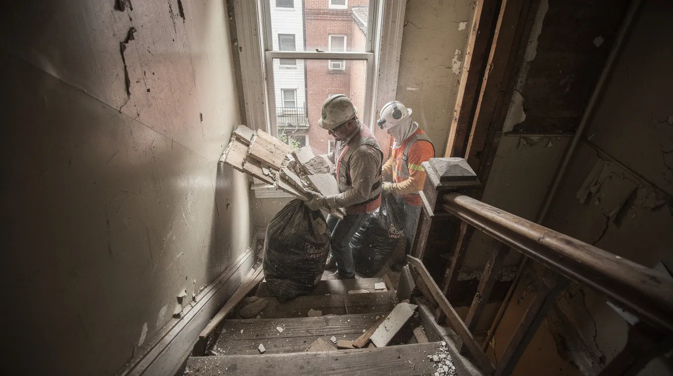Discarded Junk Removal crew carrying construction debris down a narrow staircase in a Philadelphia rowhome
